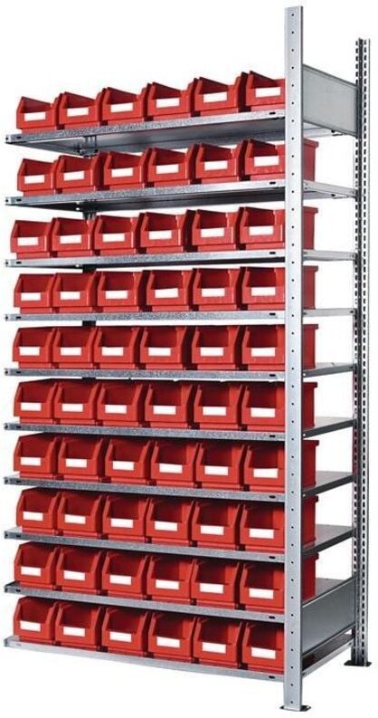 Steckregal H2000xB1000xT300mm Anbauregal 10 Stahlböden 60 x Gr. 6 rot