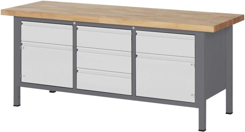 Höhenverstellbare Werkbank Premium, 5 Schubladen und 2 Türen, 200x70x84-104cm, Stahl und Buche - Stier