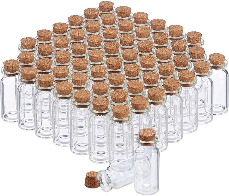 Relaxdays - Glasfläschchen mit Korken, 60 Stück, Mini Fläschchen für Öl, Gewürze, Kräuter, Sand, 10 ml, Deko, transparen...