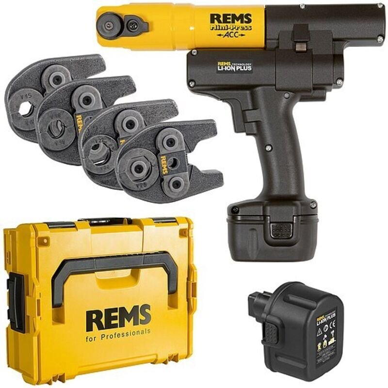 Radial-Pressmaschine Mini-Press ACC + Kunststoff-Systemkoffer + 4 Stk. Presszangen Mini V 15, 18, 22, 28 + 2. Akku 14,4 ...