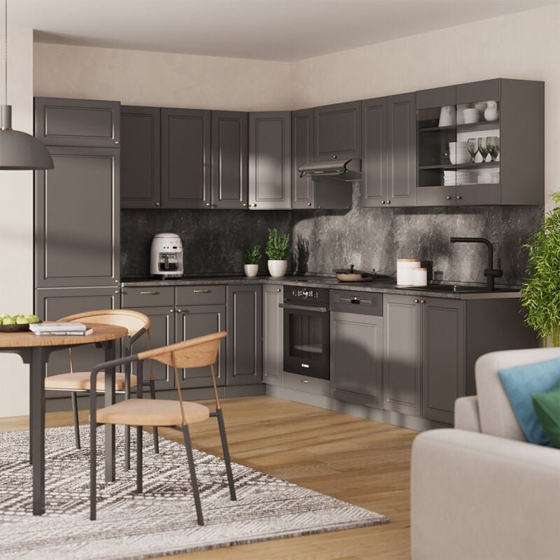 Eckküche Fame-Line, Anthrazit-Gold Landhaus, 287 x 46 cm ohne Arbeitsplatte, Vicco