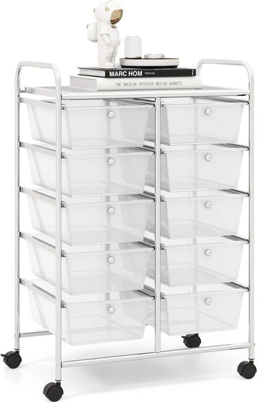 Rollwagen mit 10 Schubladen stapelbar, Rollcontainer mit Ablage & Metallgestell, Badregal, Aufbewahrungswagen, für Büro,...