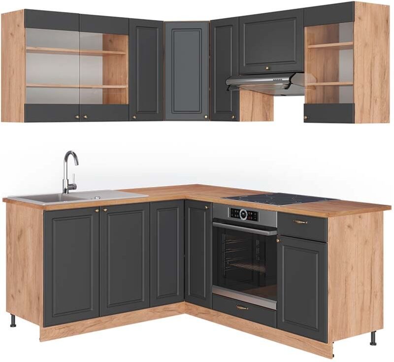 Vicco - Eckküche Fame-Line, Anthrazit Landhaus/Goldkraft Eiche, 160 x 190 cm , ap Eiche
