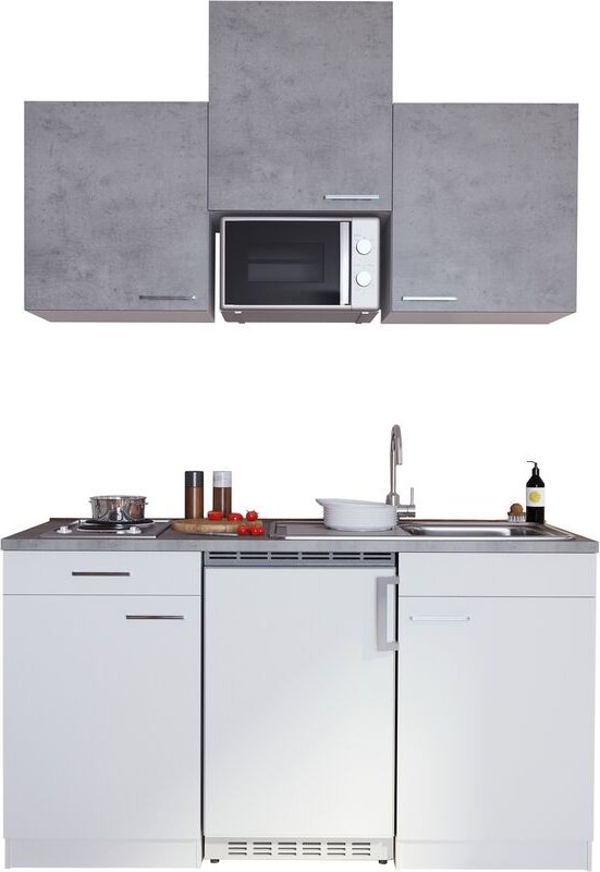 Thumbnail - Küche Miniküche Singleküche Küchenzeile Pantry Weiß Beton Luis 150 cm Respekta