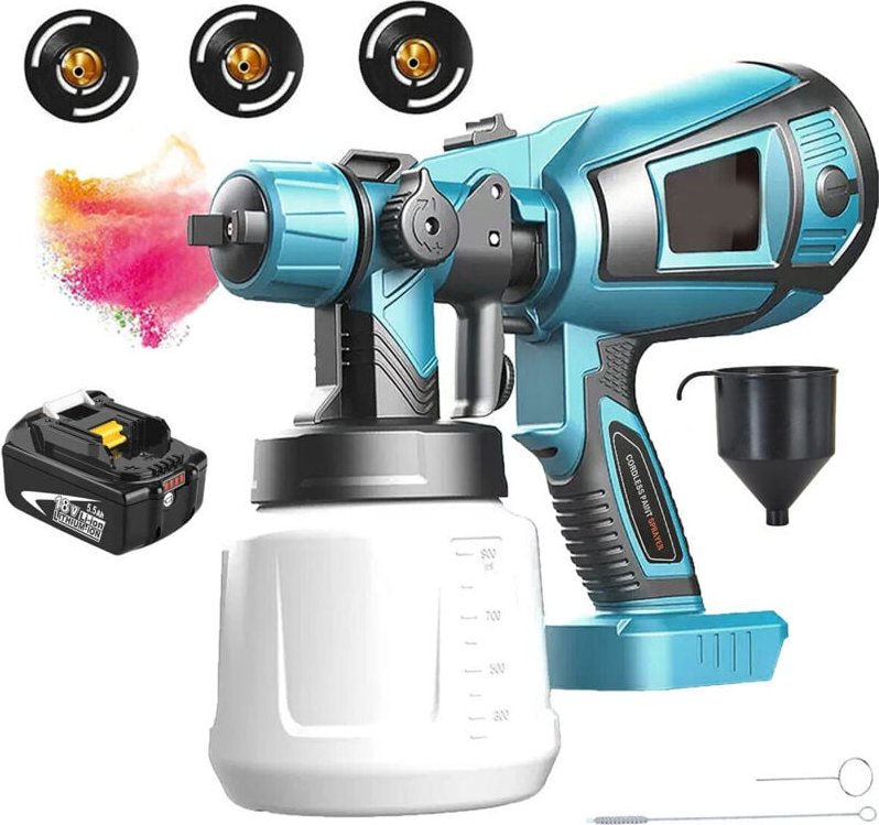 Spritzpistole, 1000ml hvlp Akku Spritzpistole, Airless Spritzpistole+5500mAh Akku (ohne Ladegerät und kompatibel mit Mak...