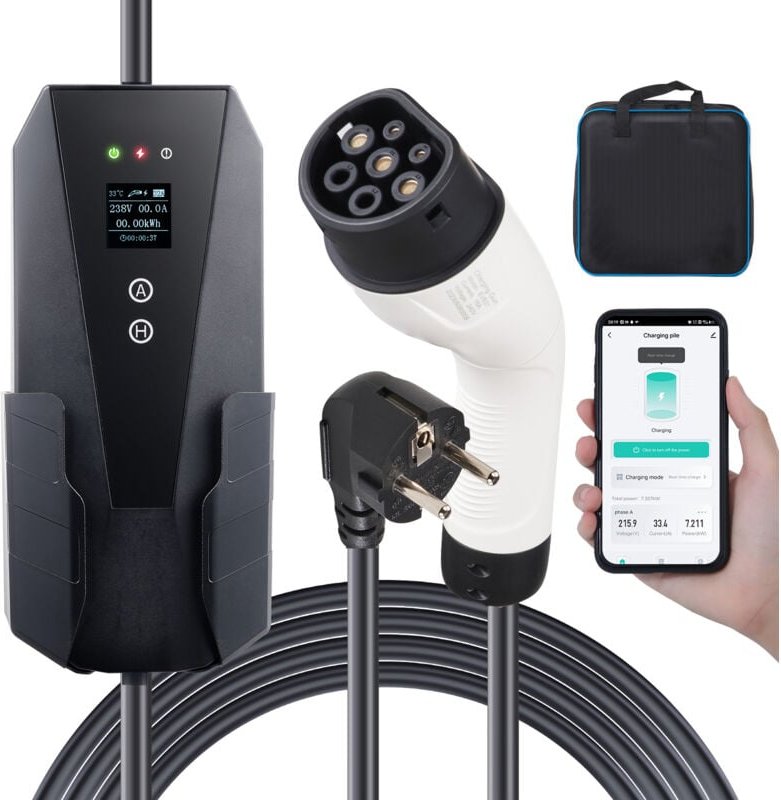 Thumbnail - Mophorn Portable EV Ladegerät Typ 2, 16A 3.7kW, Elektrofahrzeug Autoladegerät 28 ft Kabel CEE 7/7 Stecker LCD Bildschirm...