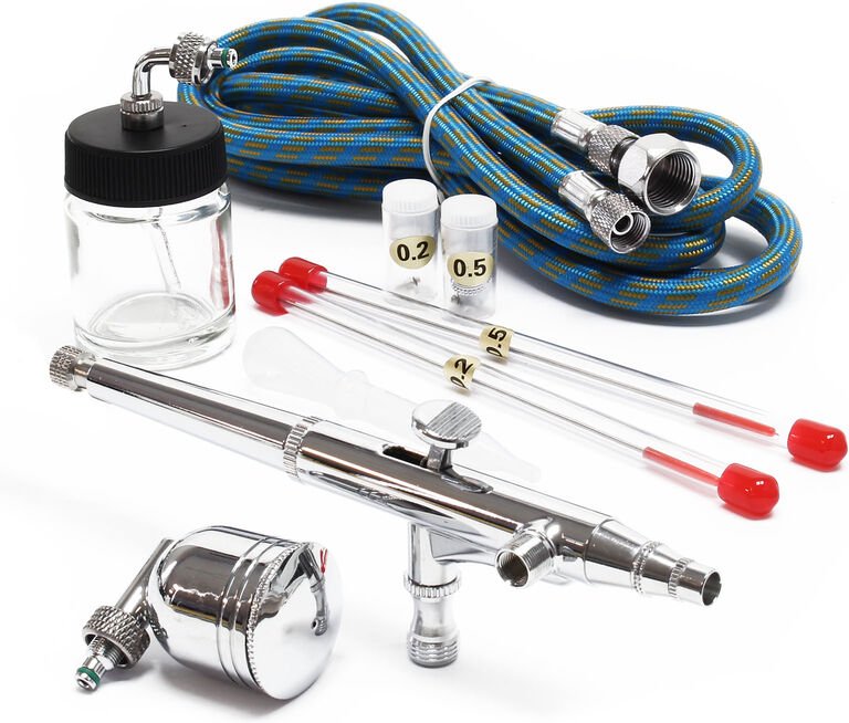 Wiltec - Airbrush Pistole Typ 134K mit Double Action Funktion, Düse ø 0,2-0,5 mm, 2 Farbbecher, Adapter für Modellbau, N...