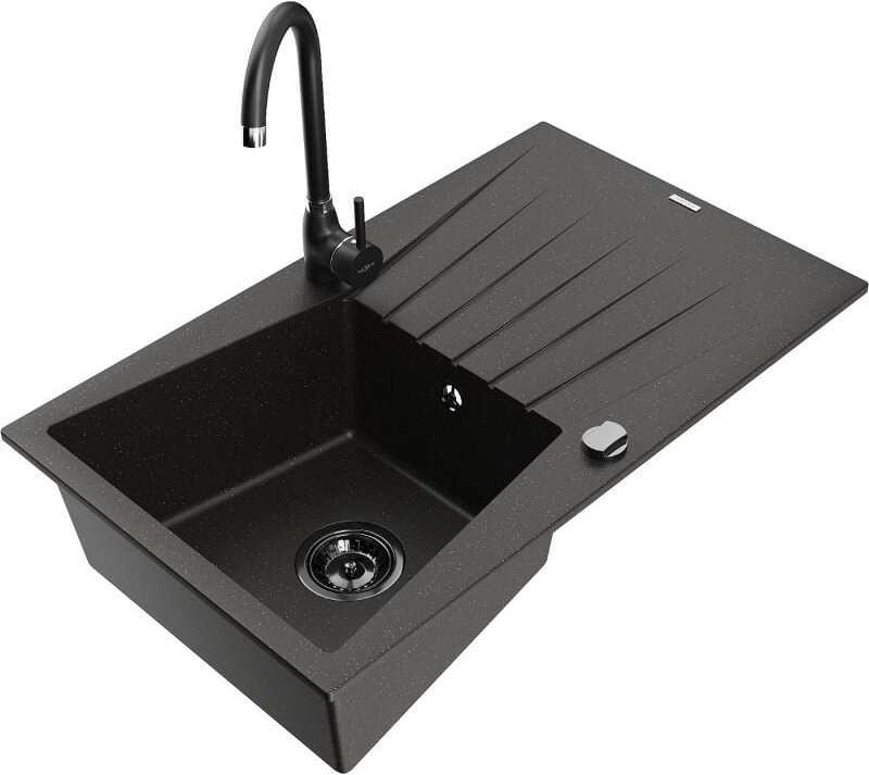 Mexen Cesar 1 Becken-Granitspüle mit Abtropffläche und Mischbatterie Telma, Schwarz/Gold - 6514-75-670200-70-B