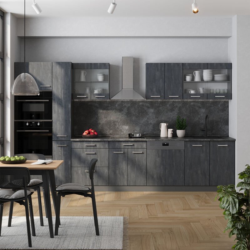 Thumbnail - Küchenzeile R-Line, Schwarz Beton/Anthrazit, 350 cm , AP Eiche, Vicco