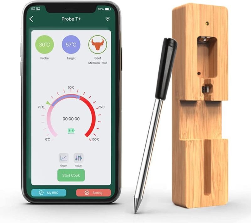 1 Stück Bluetooth-Küchentemperaturfühler, 50 m, kabelloses Fleischthermometer mit Timer und Alarmfunktion, Anschluss, Kü...