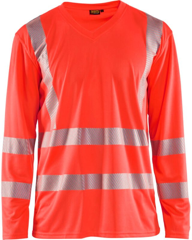 Thumbnail - Arbeits-T-Shirt langärmlig V-Ausschnitt Hochsichtbar UV-Schutz 3385 - Neonrot 4XL