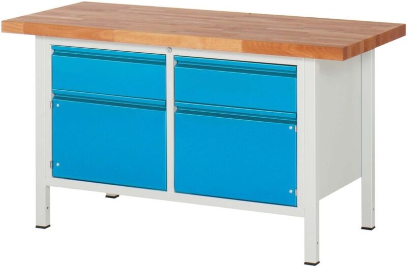 Thumbnail - Höhenverstellbare Werkbank Premium mit 2 Schubladen und 2 Flügeltüren BxTxH 1500x700x840-1040mm ral 7035 / ral 5012 - St...