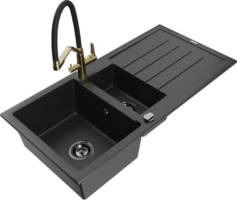 Andres 1,5-Becken-Granitspüle mit Abtropffläche und Mischbatterie Duo, Schwarz/Silber - 6515-7 - Mexen