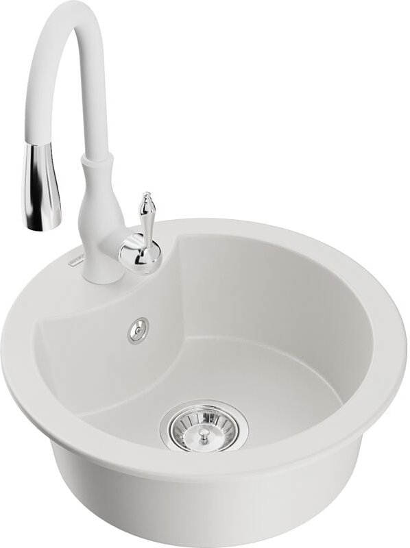 Diego 1-Becken-Granit-Spüle mit Mischbatterie Savita, Weiß - 6512-20-672601-20 - Mexen