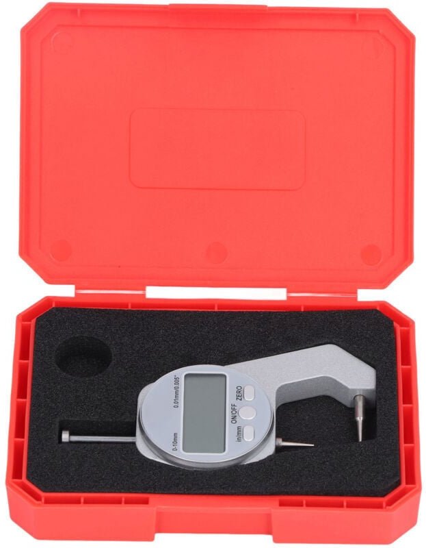 Dickenmessgerät, Bereich 0–10 mm, LCD-Bildschirm, Digitalanzeige, Mini-Dickenmessgerät mit gebogener Spitze mumu