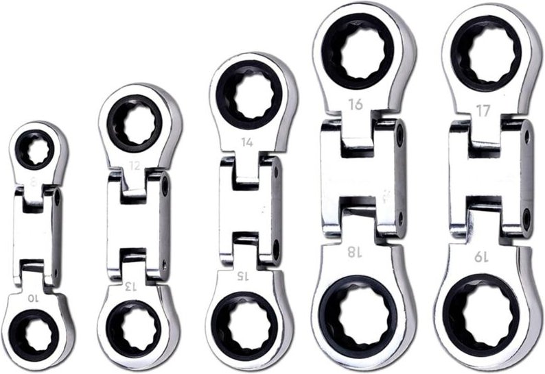 5-teiliger Ratschen-Maulschlüsselsatz mit flexiblem Kopf und kurzem Ring, Mini-Doppel-Ringschlüsselsatz mit flexiblem Ko...