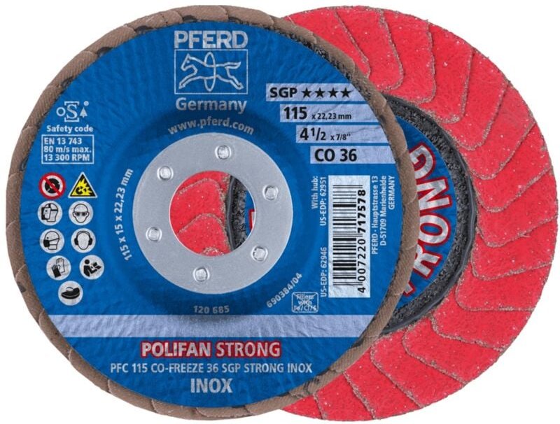 Thumbnail - Polifan strong Fächerscheibe pfc 115x22,23 mm konisch co-freeze 36 sgp inox für Edelstahl - Pferd
