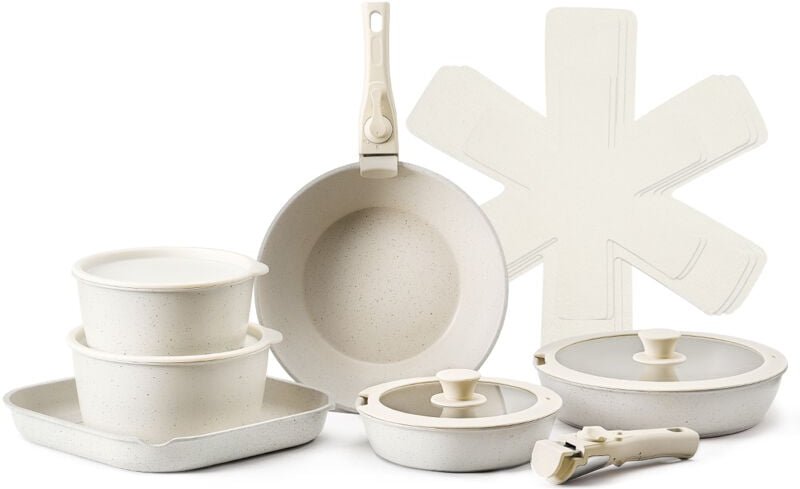 VEVOR Induktion Töpfe Pfannen Set (17-teilig) mit Glasdeckel antihaftbeschichtetes Kochgeschirr mit abnehmbarem Griff, I...