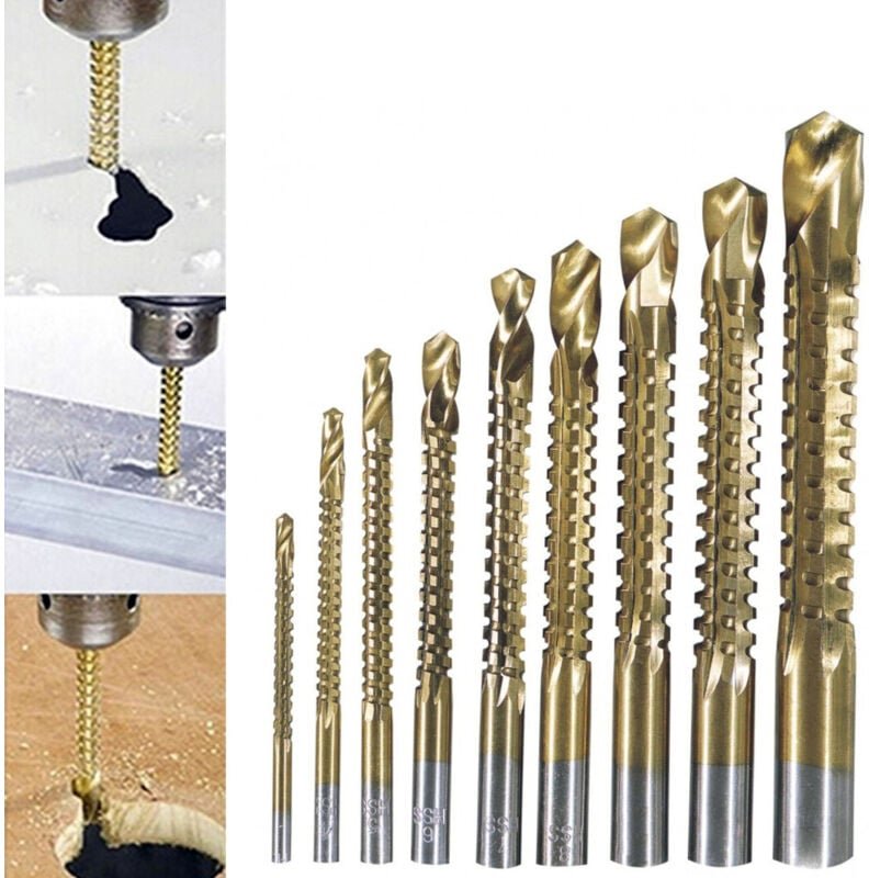 Trade Shop - Stahlbohrer-Set mit 9 Bohrern zum Bohren von Titan, Holz, Eisen, Frässen, Gewindeschneiden -