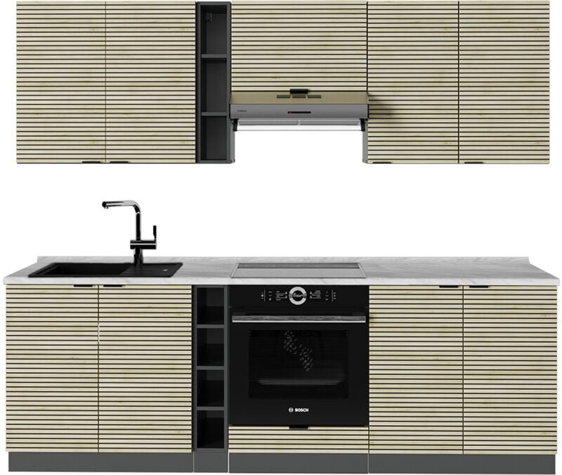 Vicco - Küchenzeile Fame-Line, Eiche Paneel/Anthrazit, 235 cm , ap Marmor