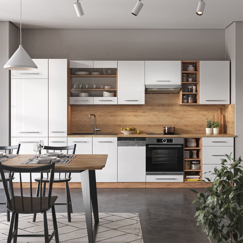 Vicco - Küchenzeile Fame-Line, Weiß Hochglanz/Goldkraft Eiche, 355 cm , ap Anthrazit