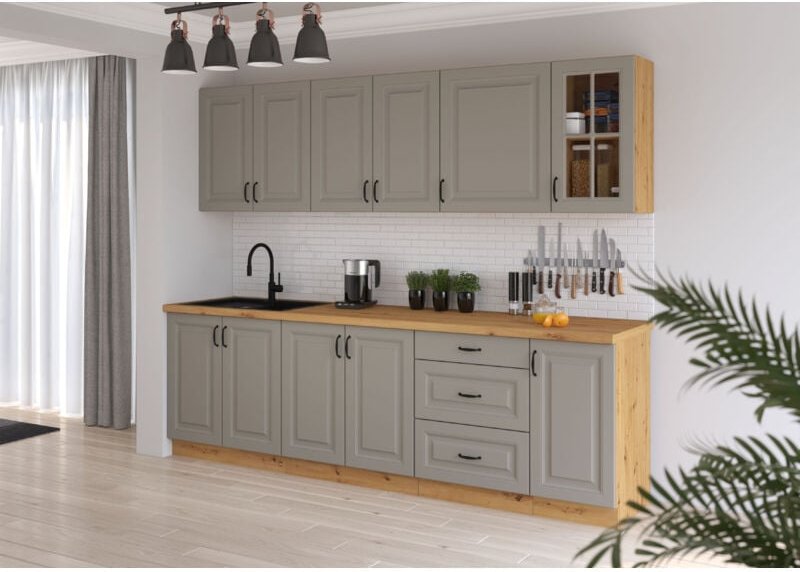 Küchenmöbel-Set Küchenzeile Ariatte 260 cm mit Hängeschränken Hellgrau Artisan - Furnix