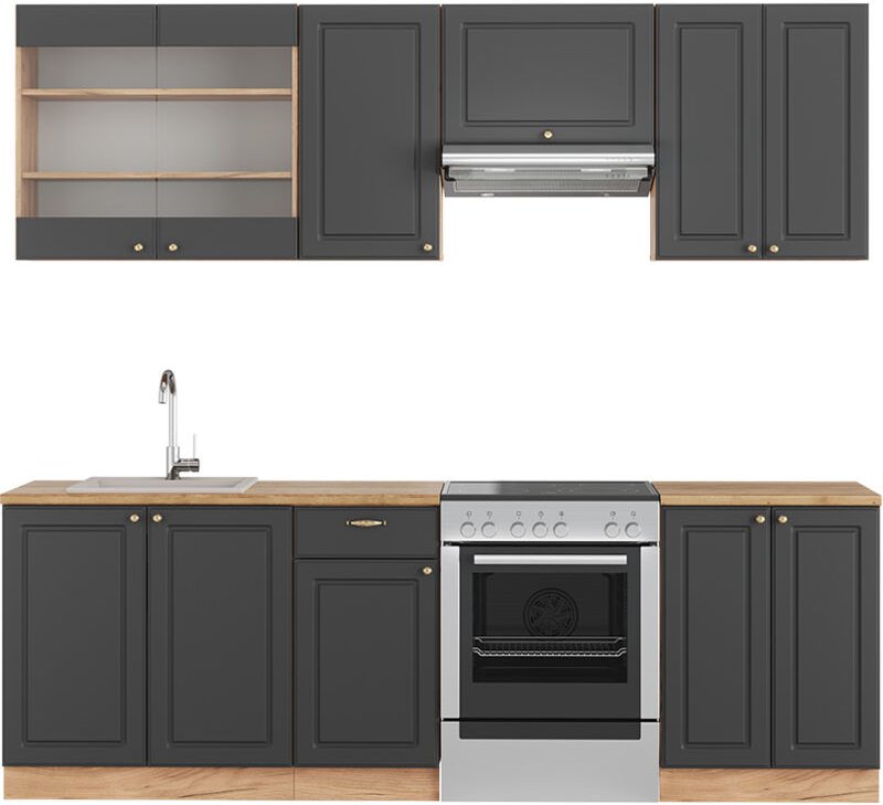 Vicco - Küchenschränke Fame-Line, Anthrazit Landhaus/Goldkraft Eiche, 240 cm ohne Arbeitsplatte