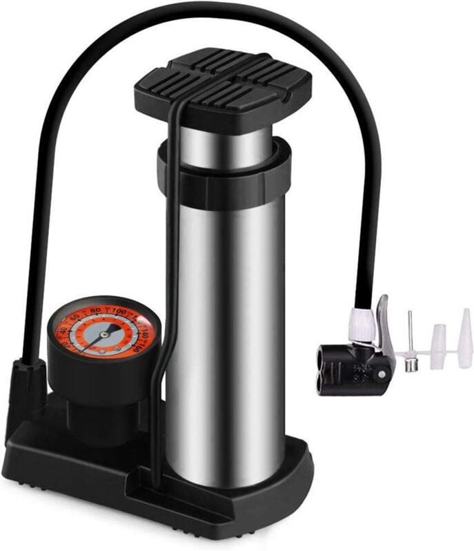 Thumbnail - Fahrradpumpe, tragbare Fahrrad-Standpumpe aus Aluminiumlegierung mit Druckmesser, fußaktivierte Fahrradreifenpumpe, komp...