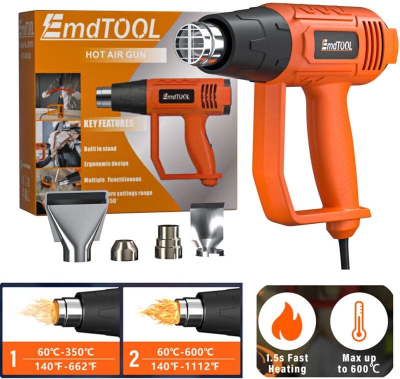 Dayplus - 2000W Heißluftpistole 300°C & 600 °c Heißluftfön Heißluftgebläse mit 4PC Zubehör