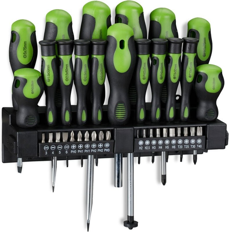 Relaxdays - Schraubendreher Set xxl, 37-teiliges Werkzeug Set, Kreuz & Schlitz, inkl. Bits, Wandhalterung, schwarz/grün