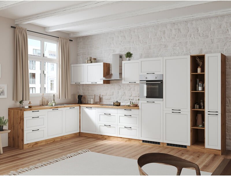 Thumbnail - Winkelküche 420/240 cm mit E-Geräten in weiß und Eiche, Arbeitsplatte in Eiche, MONTERREY-03