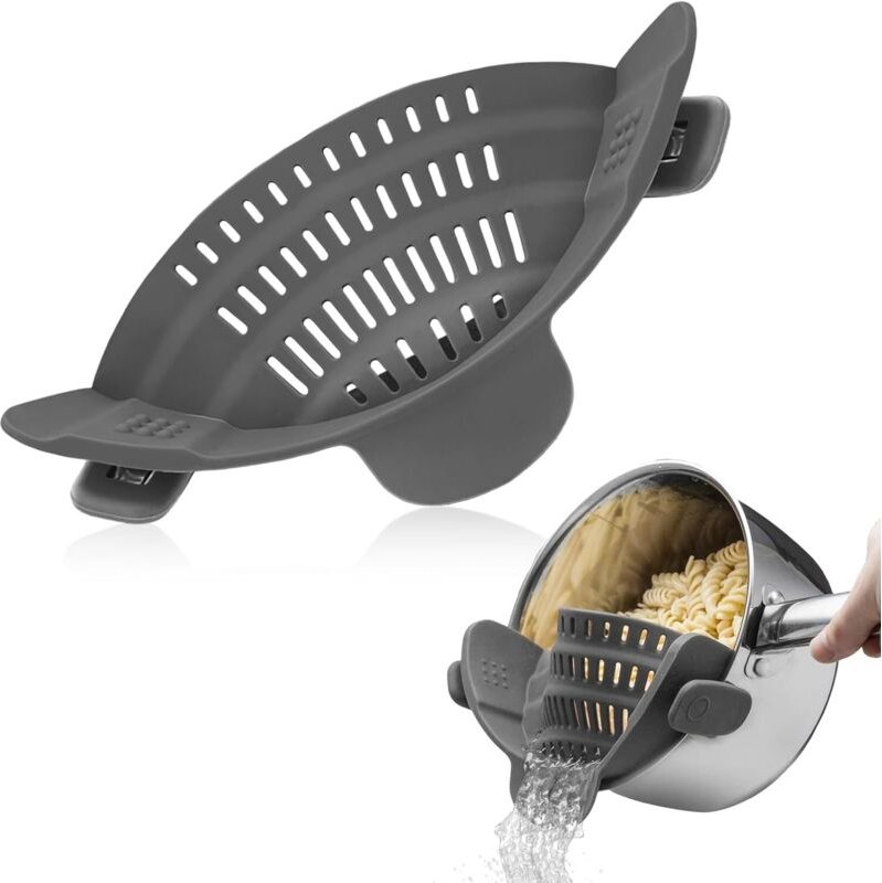 Küchensieb aus Silikon, schnell zu reinigen, zum Abtropfen von Nudeln, Gemüse, Obst in Pfannen und Schüsseln (grau)