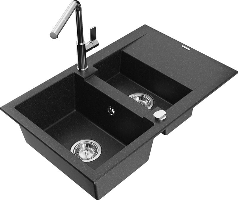 Mexen Gaspar 1,5-Becken-Granitspüle mit Abtropffläche und Mischbatterie Flora, Schwarz/Silber - 6507