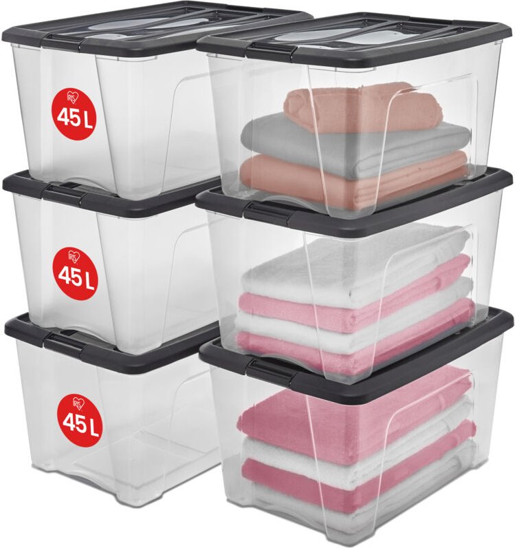 Aufbewahrungsboxen mit Deckel, 45L, 6er-Set, Schwarz, Sicherer Verschluss, Stapelbar, Griffe, Schlafzimmer, Schrank, Bür...