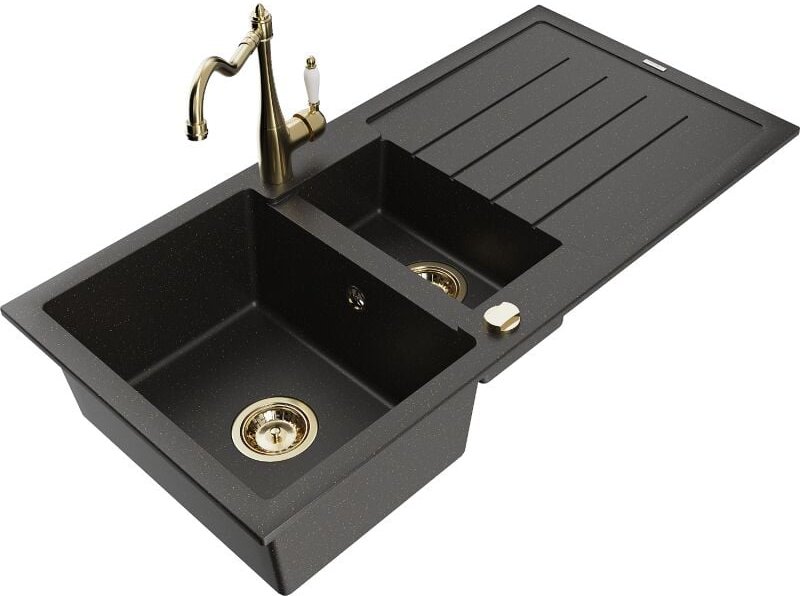 Andres 1,5-Becken-Granitspüle mit Abtropffl√§che und Mischbatterie Carla, Schwarz/Gold metallisch - 6515-75-670700-50 - ...