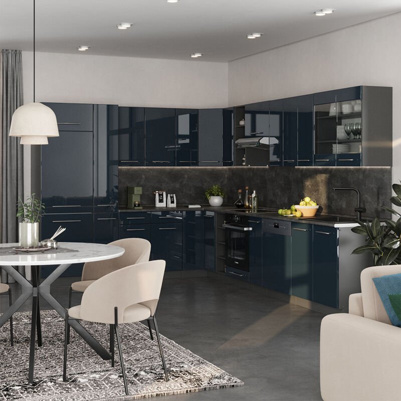 Vicco - Eckküche Fame-Line, Dunkelblau Hochglanz/Anthrazit, 257 x 60 cm ohne Arbeitsplatte