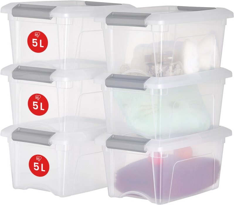 Aufbewahrungsboxen mit Deckel, 5L, 6er-Set, Silber, Sicherer Verschluss, Stapelbar, Griffe, Schlafzimmer, Schrank, Büro,...
