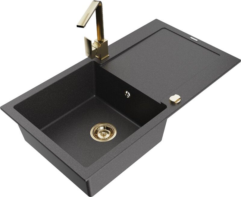 Leo 1 Becken-Granitspüle mit Abtropffläche und Mischbatterie Rita, Schwarz gesprenkelt - 6501- - Mexen