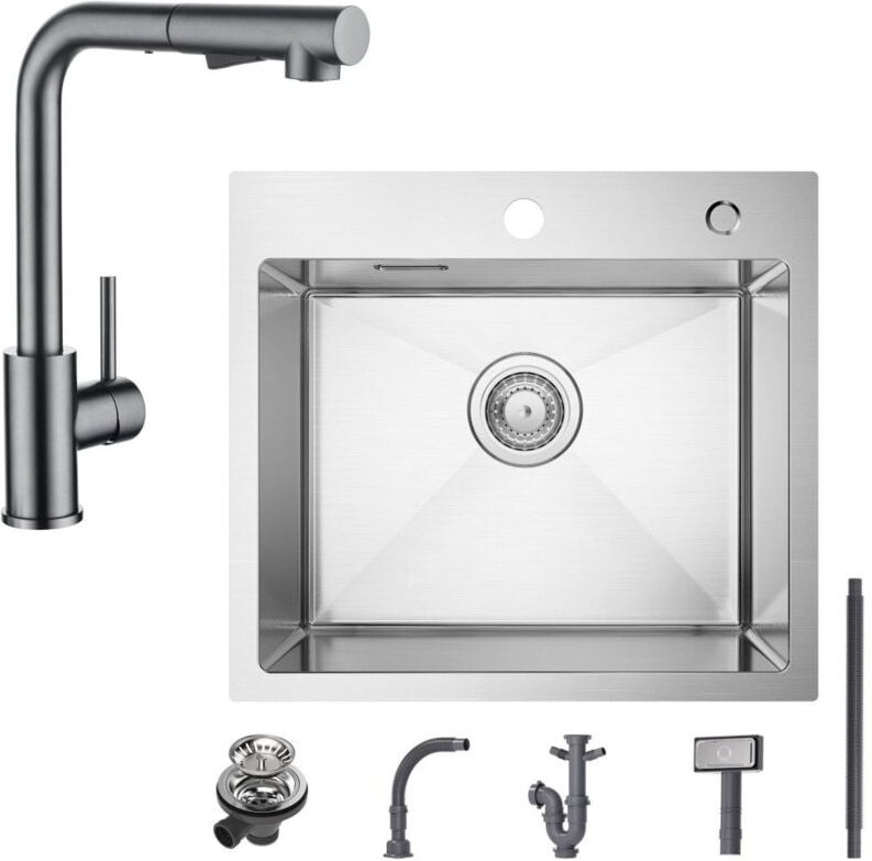 Cecipa Max - Spülbecken mit 1 Becken 50×45CM Edelstahlspüle Gebürstete + Küchenarmatur mit 2 Strahlarten Grau ausziehbar...