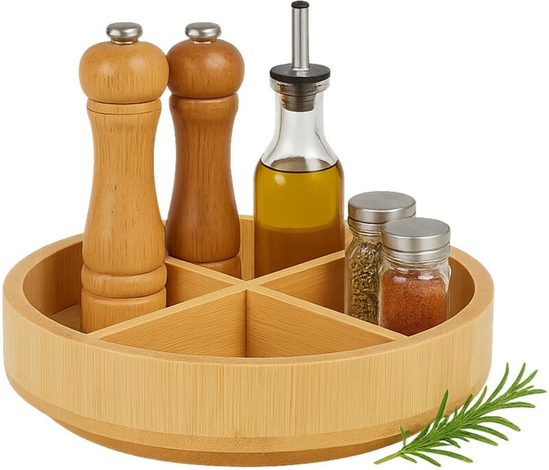 Relaxdays Drehteller, Bambus, 360° drehbar, 4 Fächer, entnehmbare Trennwände, HxD: 6 x 23,5 cm, Gewürz Organizer, natur