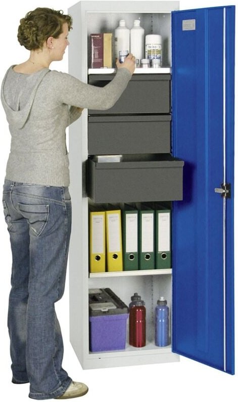 Werkzeug- und Materialschrank Serie 3000 lichtgrau / enzianblau + 3 Schubladen 200 mm + 3 Auszugsböden - 3005474 - Stump...