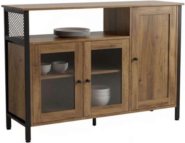 Relaxdays Küchenschrank mit Glastüren, HxBxT: 75 x 110 x 33 cm, 5 Fächer, Sideboard Küche, Holzoptik, braun/schwarz