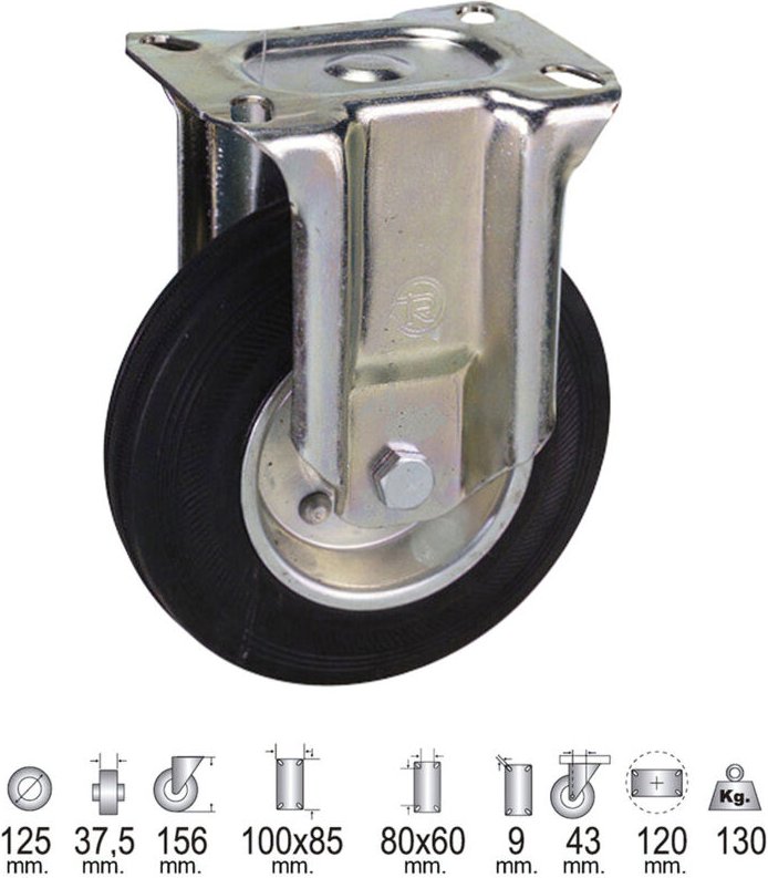 Schwarze, industrielle Gummirolle 125 mm, feststehend.