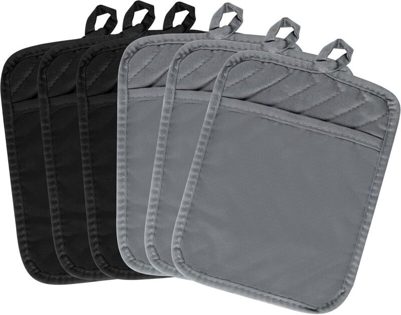 6er Set Topflappen Küche mit Tasche, Schwarz und Grau, hitzebeständiges Baumwollfrottee, Topflappen, Untersetzer, Topfla...
