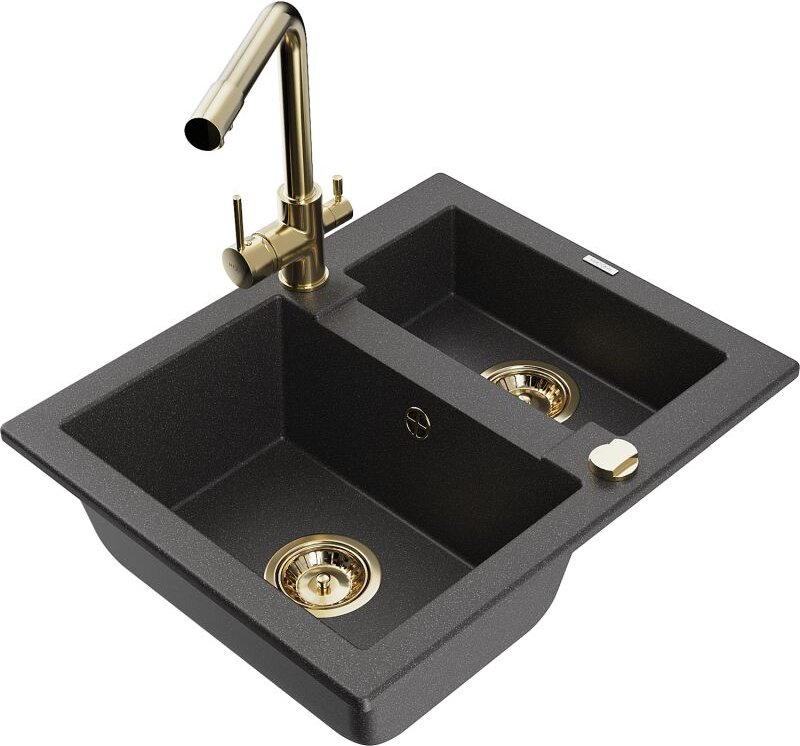 Carlos 1,5-Becken-Granitspüle mit Mischbatterie Duero, Schwarz gesprenkelt - 6518-76-671600-50 - Mexen