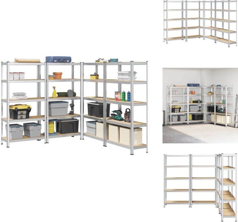 Lagerregale mit 5 Böden 4 Stk. Silbern Stahl & Holzwerkstoff - Regal - Regale - Garagenregal - Industrieregal