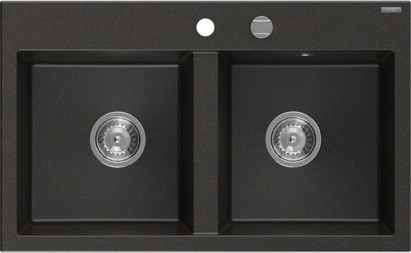 Hektor Granitspüle 2-Kammer 800 x 480 mm, schwarz/gold metallic, Chrom-Siphon - 6521802000-75 - Mexen