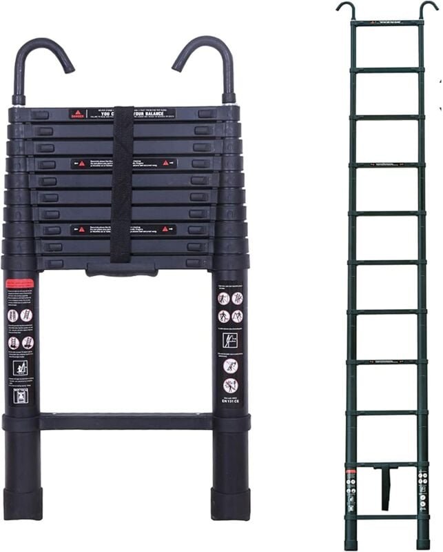 3,2M Teleskopleiter mit Haken, Aluminium Ausziehleiter Rutschfester Klappleiter Mehrzweckleiter aus Hochwertiges Alumini...