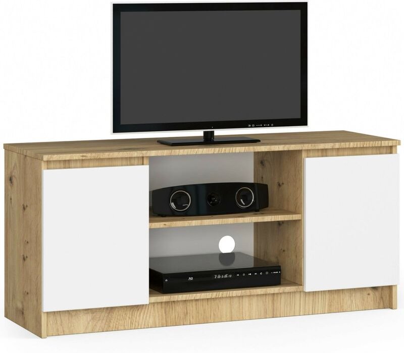 Tv Schrank Akord Fernsehkommode 120 cm Eiche Artisan 2 Türen 2 Ebenen Front Weiß B120 x H55 x T40 cm