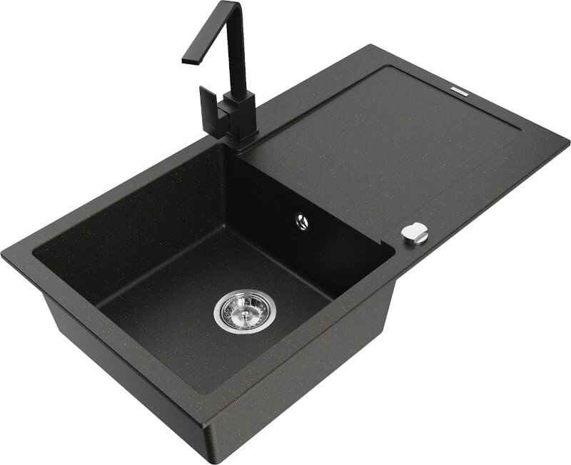 Leo 1 Becken-Granitspüle mit Abtropffl√§che und Mischbatterie Rita, Schwarz/Gold metallisch - 6501-75-670300-70 - Mexen